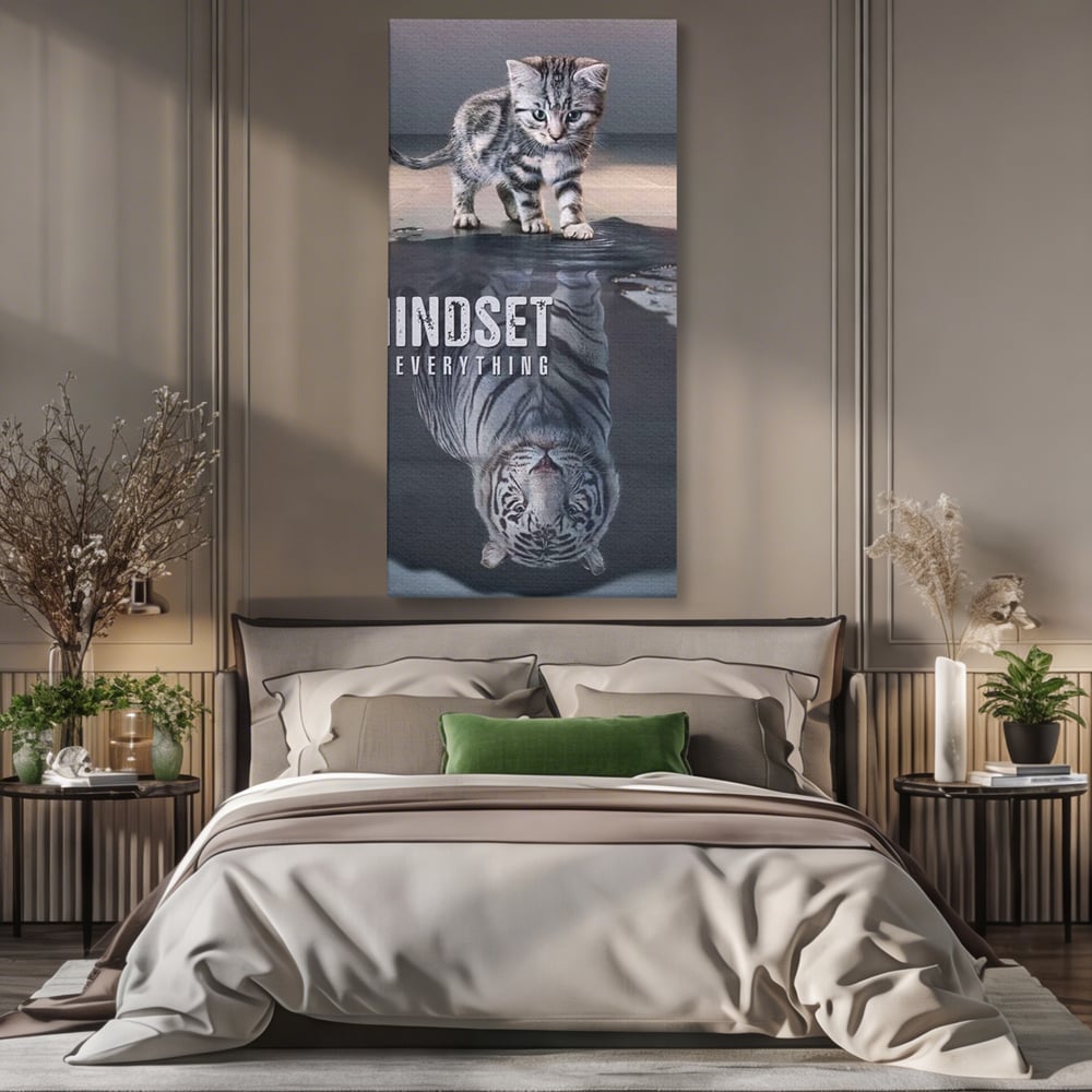 Tablou canvas cu tablou canvas cu pisoi si reflexie de tigru, fara rama, pe sasiu de lemn, pe perete intr-un dormitor